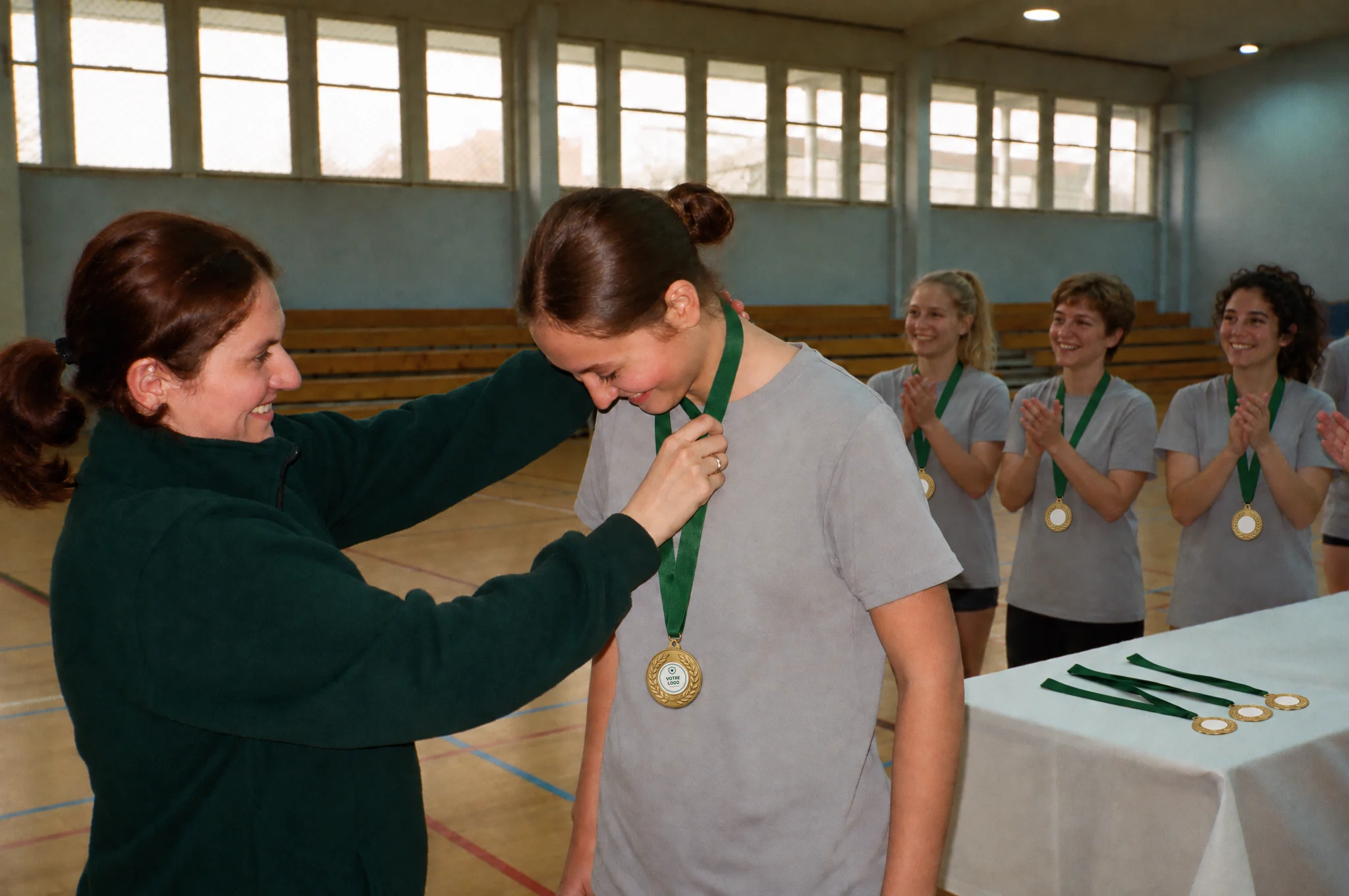 Mise en situation générée : une bénévole passe une médaille dorée à couronne de laurier, pastille « Votre logo » et ruban vert, au cou d’une joueuse ; ses coéquipières applaudissent.