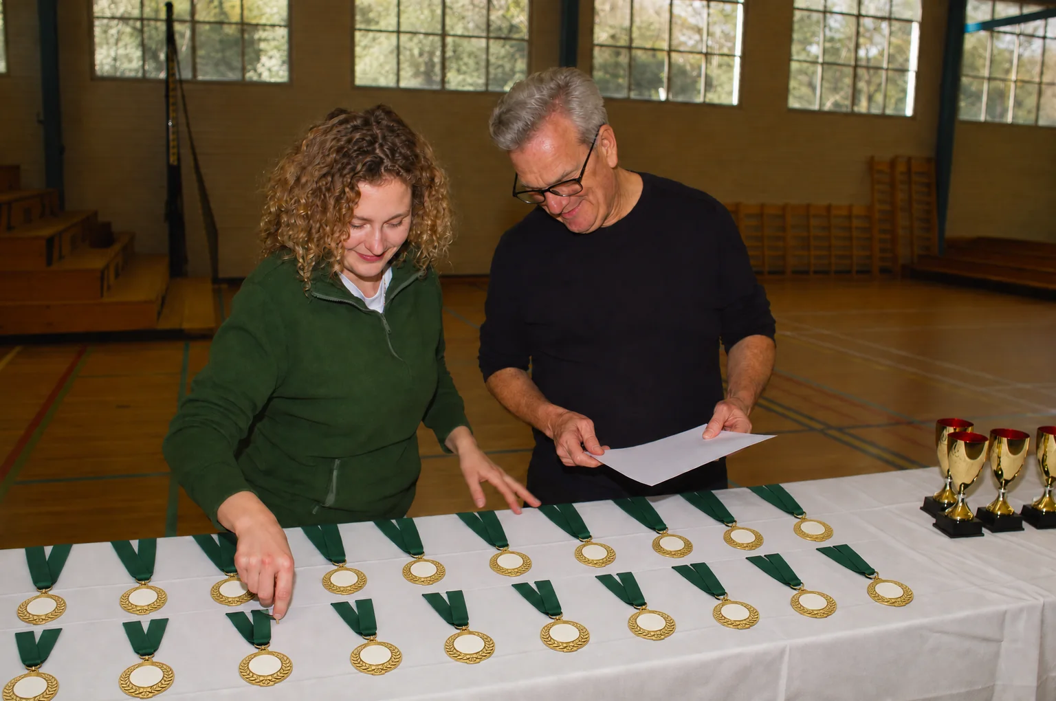 Mise en situation générée : deux bénévoles alignent des médailles dorées à couronne de laurier et ruban vert sur la table des prix.