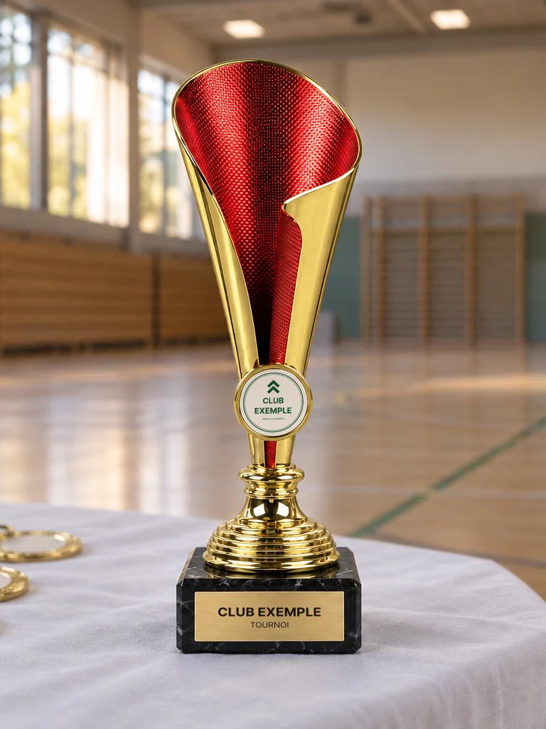 Simulation de la coupe CP22 or et rouge, pastille CLUB EXEMPLE et plaquette personnalisée sur socle en marbre noir, posée sur la table des prix d’une salle de sport.